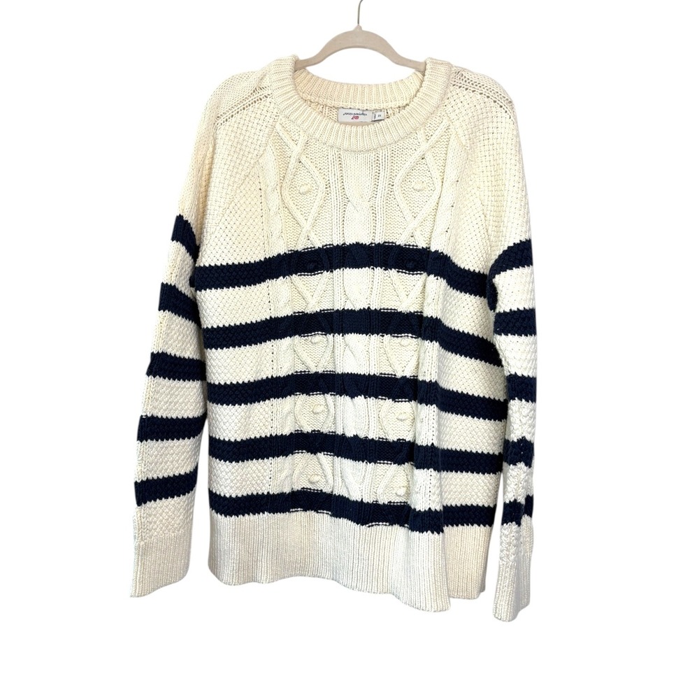 Vineyard Vines Womens Cream Navy Striped Cable Knit Merino Wool Blend Sweater 2X